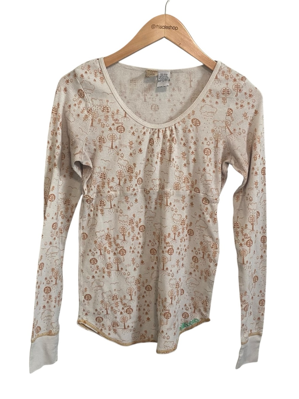 Billabong Y2k Cream and Brown Printed Long Sleeve Round Neck Thermal Tee Size M